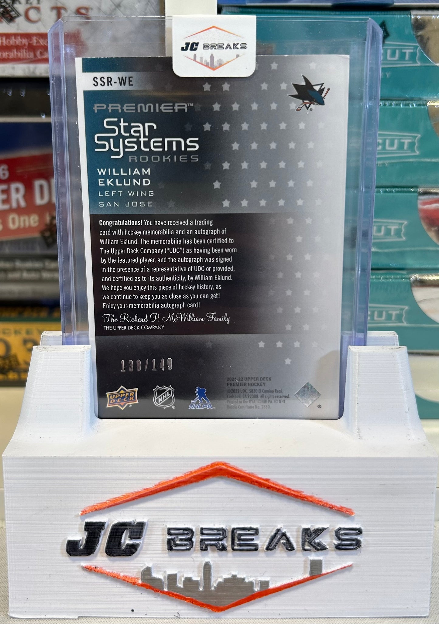 2021-22 UD PREMIER STAR SYSTEMS ROOKIES AUTO PATCH WILLIAM EKLUND AUTO #138/149