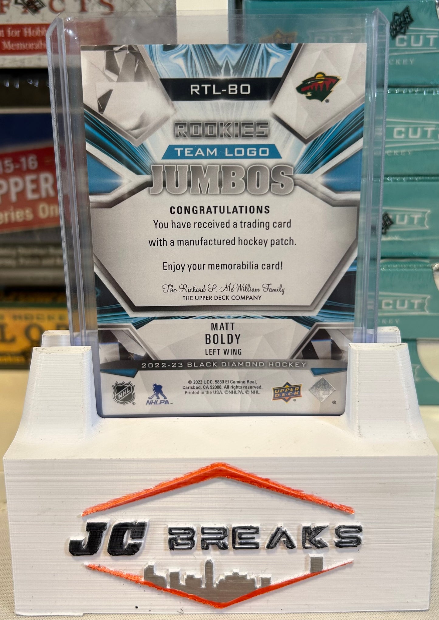 2022 UPPER DECK BLACK DIAMOND #RTL-BO MATT BOLDY ROOKIES TEAM LOGO JUMBOS