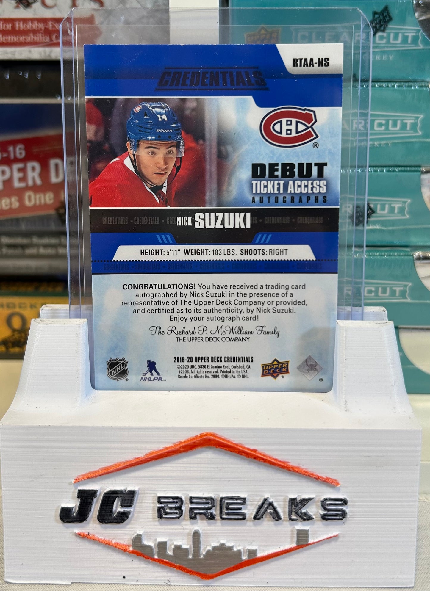 2019-20 UD CREDENTIALS DEBUT TICKET ACCESS AUTO NICK SUZUKI *ROOKIE* #193/199