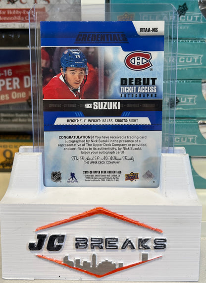 2019-20 UD CREDENTIALS DEBUT TICKET ACCESS AUTO NICK SUZUKI *ROOKIE* #193/199